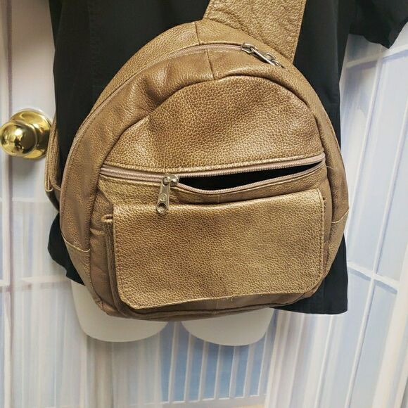 Genuine Leather Crossbody Sling Backpack Unisex Brown Multi Pocket - Picture 8 of 13